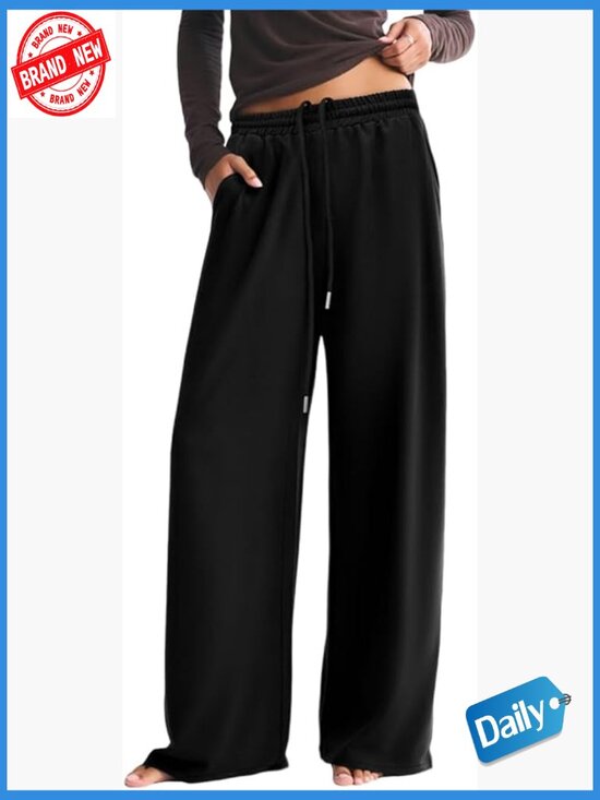Pants - High Waisted Wide Leg Sweatpants Pockets Baggy Lounge Drawstring Casual Trousers